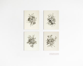 Floral Bunch Gallery Wall Set | Set of 4 vintage floral prints | black and white ink illustration | print sizes 5x7 8x10