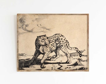 Leopard art print antique illustration in sepia tones, sizes 8x10 9x12 5x7