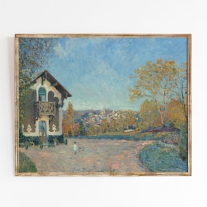 Puede incluir: Una pintura de una peque&ntilde;a casa con un balc&oacute;n, rodeada de &aacute;rboles y con una vista de un pueblo en la distancia. El cielo es azul y los &aacute;rboles son verdes y amarillos.