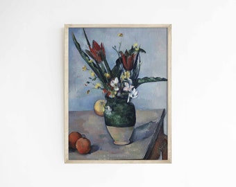 Vase of Tulips Still Life | Oil painting floral wall art | Cool blue and green | Paul Cezanne | sizes 5x7 9x12 12x16