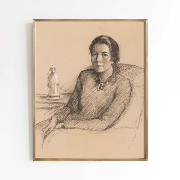 Sketch of a Writer | Vintage charcoal sketch | Pearl S. Buck portrait woman | print sizes 8x10 9x12