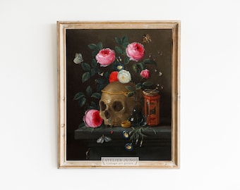 Vanitas / Pintura al óleo gótica vintage / Negro y rosa / Macabra victoriana embrujada / Decoración de Halloween / tamaños de impresión 8x10