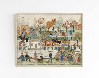 Central Park | Vintage tempera folk art illustration | New York autumn fall scene | large print sizes 8x10 12x16 16x20