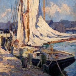 Gloucester Wharf Vintage art oil painting Sailboat ocean nautical theme New England print sizes square 8x8 10x10 16x16 image 3