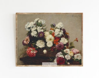 Vintage floral still life oil painting print flowers cottagecore aesthetic fine art print 8x10 16x20