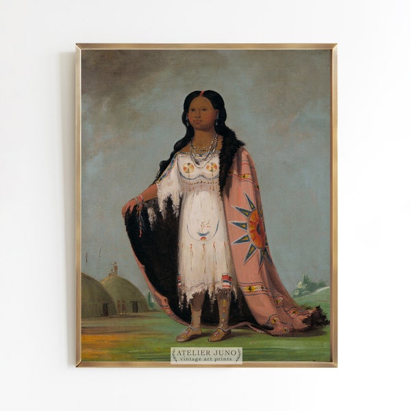 Daughter of Indian Chief | Antique oil painting portrait of Native American figure | Teals pinks and greens | print sizes 8x10