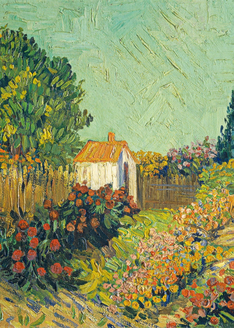 Vintage oil painting cottage garden flowers print style of Van Gogh 5x7 8x10 9x12 5x7 inches