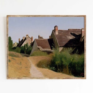 May include: A painting of a rural village scene with a dirt road leading to a row of houses with brown roofs. The houses are surrounded by green trees and bushes. The sky is a light blue with some clouds.