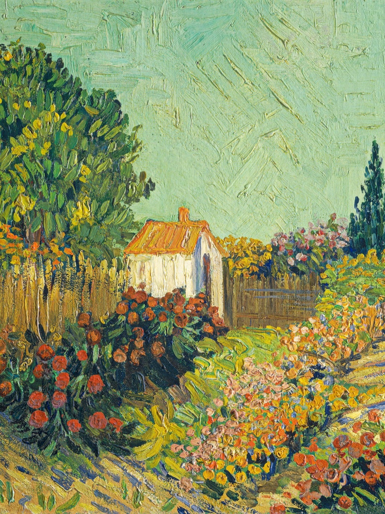 Vintage oil painting cottage garden flowers print style of Van Gogh 5x7 8x10 9x12 9x12 inches