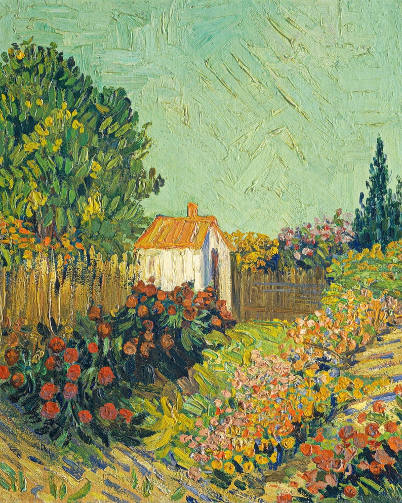 Vintage oil painting cottage garden flowers print style of Van Gogh 5x7 8x10 9x12 8x10 inches