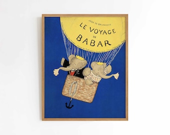 Voyage de Babar | Vintage children's book cover illustration | Antique library art | print sizes 8x10 9x12