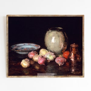 Shallots Vintage oil painting Kitchen dining room wall decor print sizes 5x7 8x10 11x14 16x20 image 1