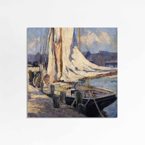 Gloucester Wharf Vintage art oil painting Sailboat ocean nautical theme New England print sizes square 8x8 10x10 16x16 image 2