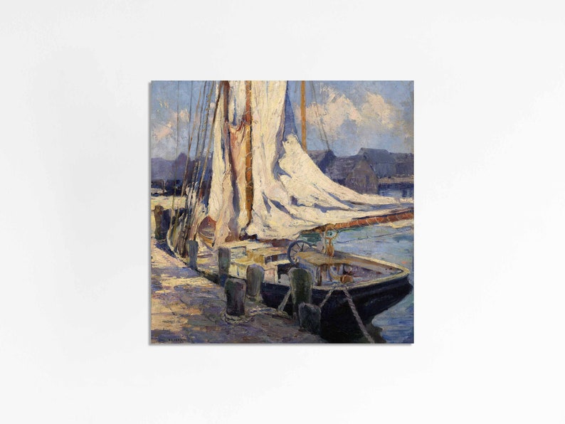 Gloucester Wharf Vintage art oil painting Sailboat ocean nautical theme New England print sizes square 8x8 10x10 16x16 image 2