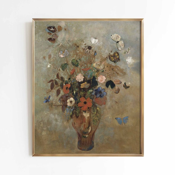 Bronze & Blue Still Life | Oil painting floral wall art | Muted coppers and blues | Odilon Redon | print sizes 8x10 9x12 16x20