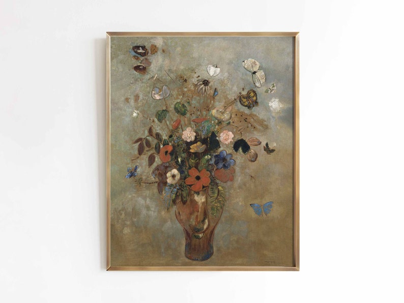 Bronze & Blue Still Life Oil painting floral wall art Muted coppers and blues Odilon Redon print sizes 8x10 9x12 16x20 image 1