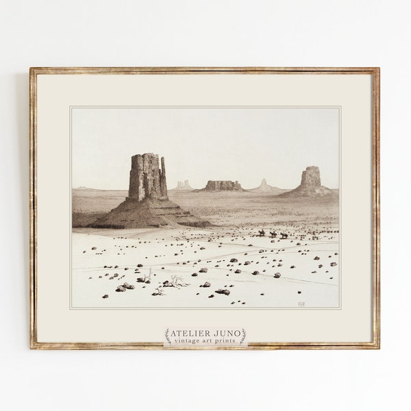 Desert Monuments | Vintage western art sketch art | Black and white ink drawing | California bohemian southwest | size 8x10