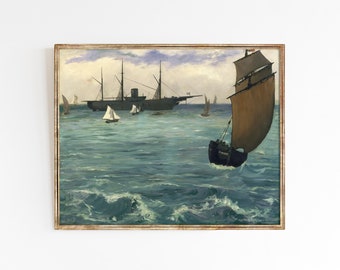 Naval Battle | Antique ship painting | French vintage seascape | Edouard Manet | large print sizes 8x10 11x14 16x20