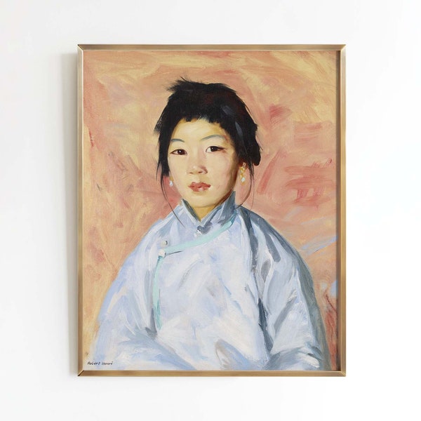 Pearl Earrings | vintage portrait oil painting | Asian-American subject art | print sizes 8x10 9x12 11x14