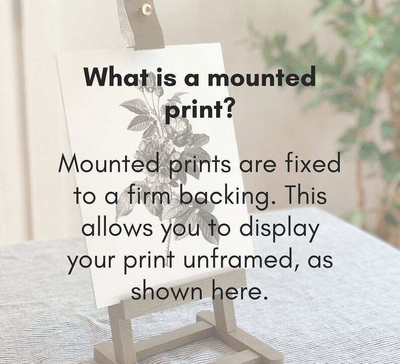 May include: A black and white botanical print mounted on a firm backing. The print is displayed on a wooden easel. The text "What is a mounted print?" is written above the print. "Mounted prints are fixed to a firm backing. This allows you to display your print unframed, as shown here." is written below the print.