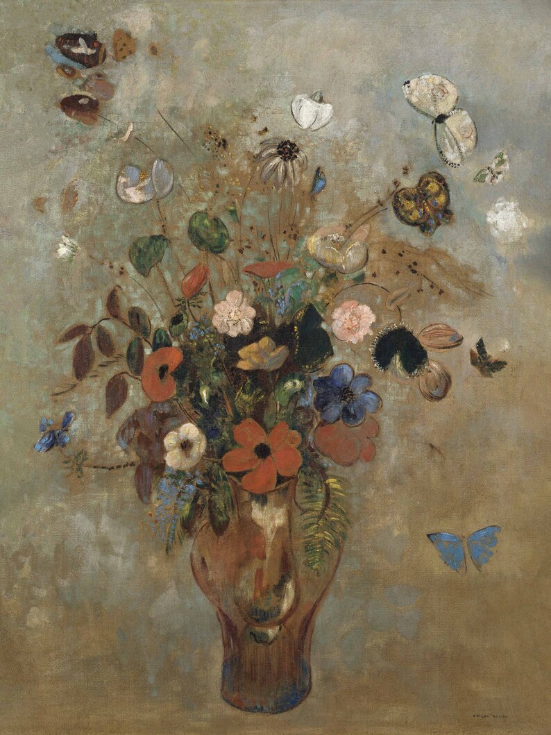 Bronze & Blue Still Life Oil painting floral wall art Muted coppers and blues Odilon Redon print sizes 8x10 9x12 16x20 9x12 inches