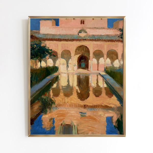 Palace Courtyard | vintage art oil painting | Spain travel exotic architecture | print sizes 8x10 9x12 11x14