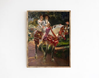 Flower Festival | Fine art oil painting of Spanish couple riding horses | print sizes 9x12 11x14