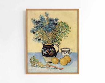 Nature morte bleue et jaune | Peinture à l'huile art mural floral | Coloré bleu vif et jaune | Vincent van Gogh | tailles 5x7 8x10 9x12 16x20