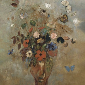 Bronze & Blue Still Life Oil painting floral wall art Muted coppers and blues Odilon Redon print sizes 8x10 9x12 16x20 image 3