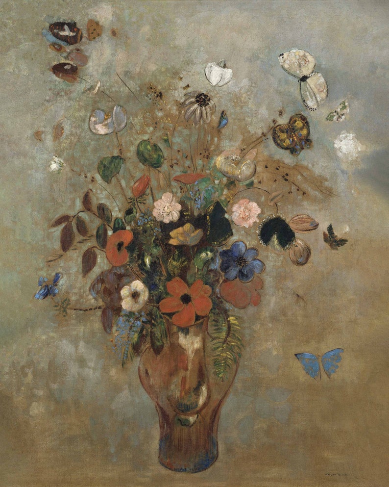 Bronze & Blue Still Life Oil painting floral wall art Muted coppers and blues Odilon Redon print sizes 8x10 9x12 16x20 image 3