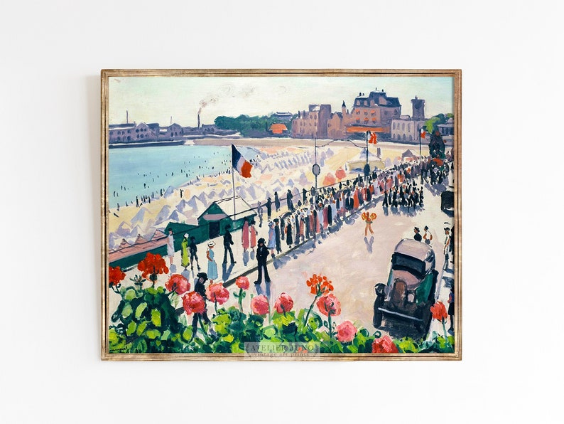 Playa francesa / Impresión de pintura al óleo vintage / Vacaciones de verano en la playa Riviera / Tamaños de impresión: 8x10 11x14 imagen 1