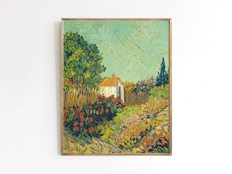 Vintage oil painting cottage garden flowers print style of Van Gogh 5x7 8x10 9x12 image 1