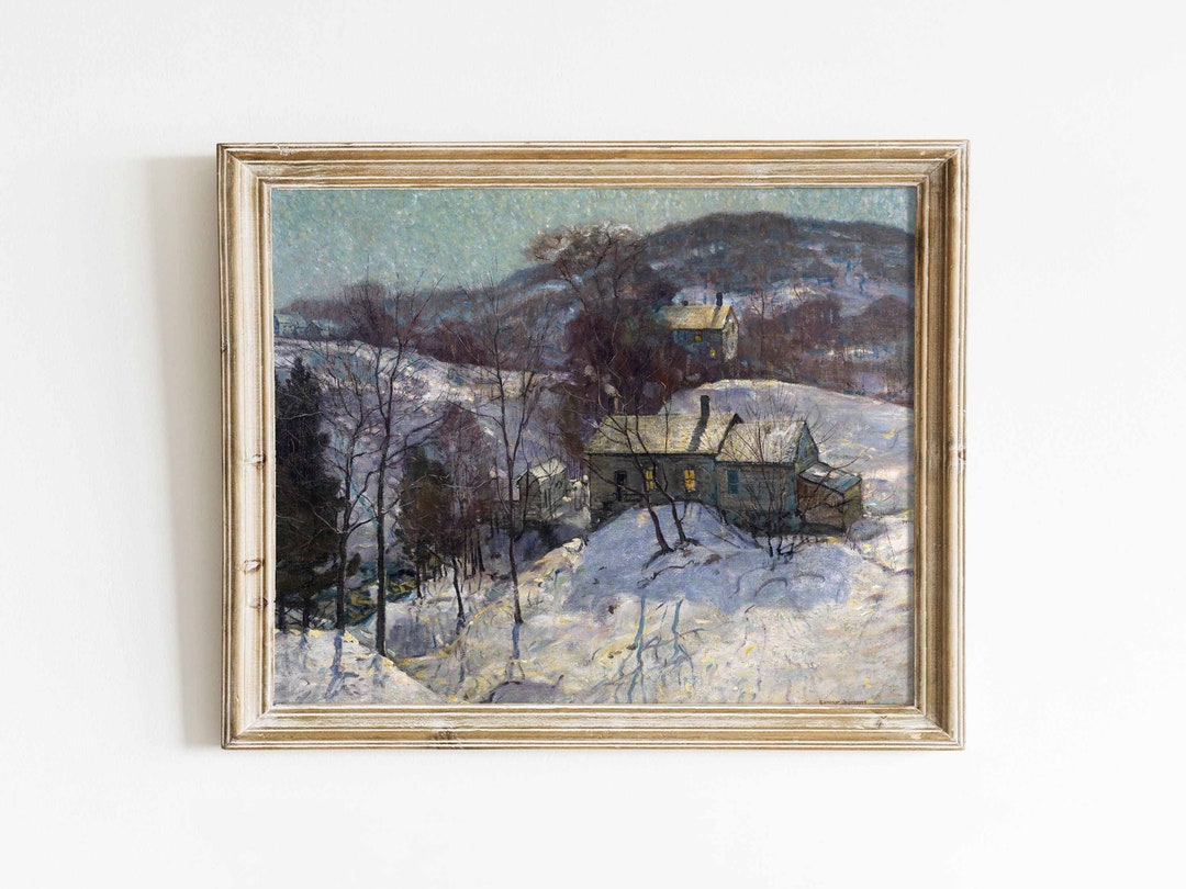 Snow Cabin | Vintage Winter Landscape Painting Oil on Canvas | Rustic ...