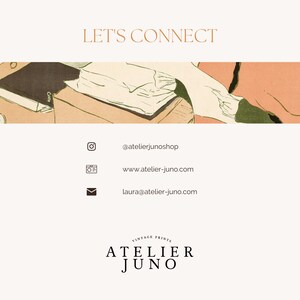 Puede incluir: Una impresi&oacute;n vintage de una mujer con un vestido blanco y un kimono rojo. La imagen est&aacute; en una paleta de colores apagados con tonos de marr&oacute;n, rojo y blanco. El texto "LET'S CONNECT" est&aacute; en la parte superior de la imagen. Debajo de la imagen hay iconos de redes sociales e informaci&oacute;n de contacto para Atelier Juno, una tienda de impresiones vintage. El texto "Atelier Juno" est&aacute; en la parte inferior de la imagen.