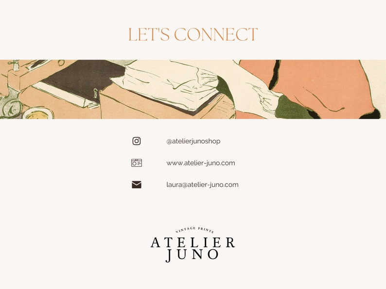 Puede incluir: Una impresi&oacute;n vintage de una mujer con un vestido blanco y un kimono rojo. La imagen est&aacute; en una paleta de colores apagados con tonos de marr&oacute;n, rojo y blanco. El texto "LET'S CONNECT" est&aacute; en la parte superior de la imagen. Debajo de la imagen hay iconos de redes sociales e informaci&oacute;n de contacto para Atelier Juno, una tienda de impresiones vintage. El texto "Atelier Juno" est&aacute; en la parte inferior de la imagen.