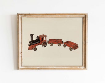Toy Train | Vintage art nursery kids room | Red watercolor painting | print sizes 8x10 5x7