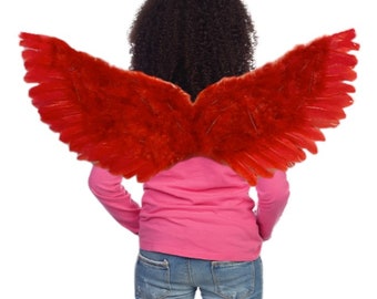 Large Red Feather Fairy Angel Wings 30"x14"  w/ Free Halo  Halloween Costume Party Wings Men Women Adults L