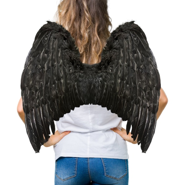 Handmade Large Black Feather Angel wings Halloween Costume Party Gothic w/Free HALO Women Men Adults