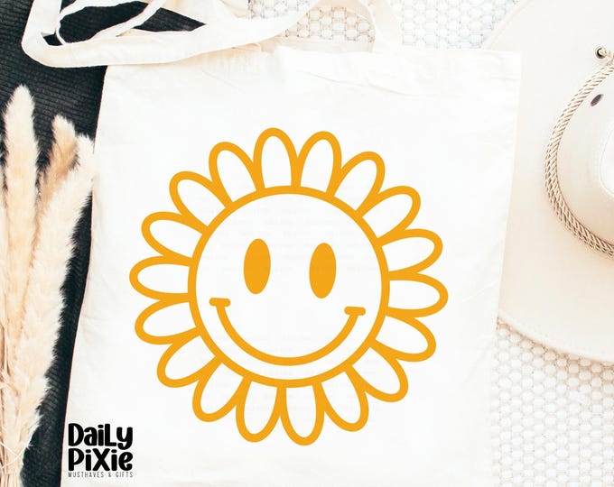 Custom Flower Power Smiley Canvas Tote Bag – Brighten Up Your Day!