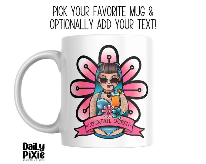 Personalized Old School Tattoo Mug - Cocktail Queen | Custom Retro Pin-Up Girl Gift | Unique Coffee Cup with Optional Text | Daily Pixie!