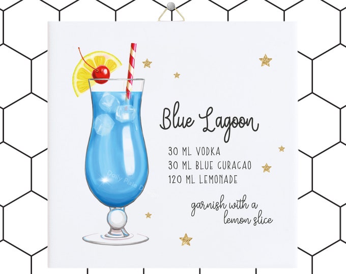 Blue Lagoon Cocktail Tile - Colorful Recipe Art for Modern Spaces - Hang or Display!