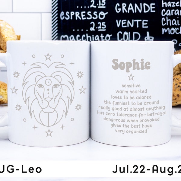 Sternzeichen-Tasse – Löwe • personalisierte Tasse mit Namen • Horoskop-Persönlichkeitsmerkmale • Horoskop-Geschenk • Geburtstagsgeschenk