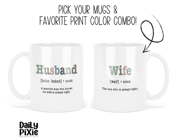 Husband & Wife Definition Mug Set | Funny Couple's Gift Mugs | Customizable Color Combo | Daily Pixie
