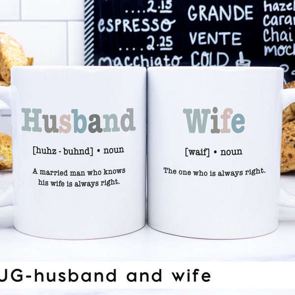 Mokken set - Husband Wife • verlovingscadeau • mok met tekst • grappig huwelijkscadeau • koffiemokken voor paar • cadeau voor vriendin