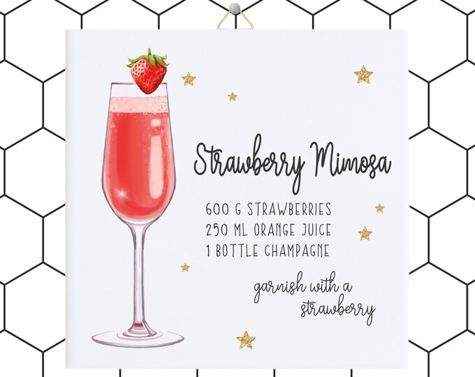 Strawberry Mimosa Cocktail Tile - Colorful Recipe Art for Modern Spaces - Hang or Display!