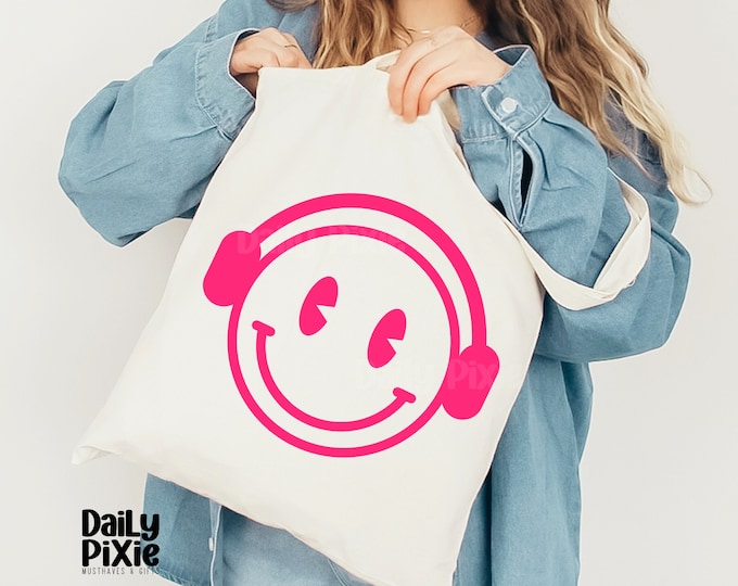 Rock Your Eco-Friendly Style: Smiley Headphones Tote Bag