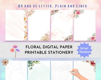 May include: Set of six printable digital papers featuring floral designs in pink, green, and white. The papers are labeled "A4 and US Letter. Plain and Lined" and "Floral Digital Paper Printable Stationery".