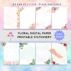 Pacchetto di carta per appunti digitale floreale, stampe floreali, cancelleria stampabile / formato A4 e lettera USA