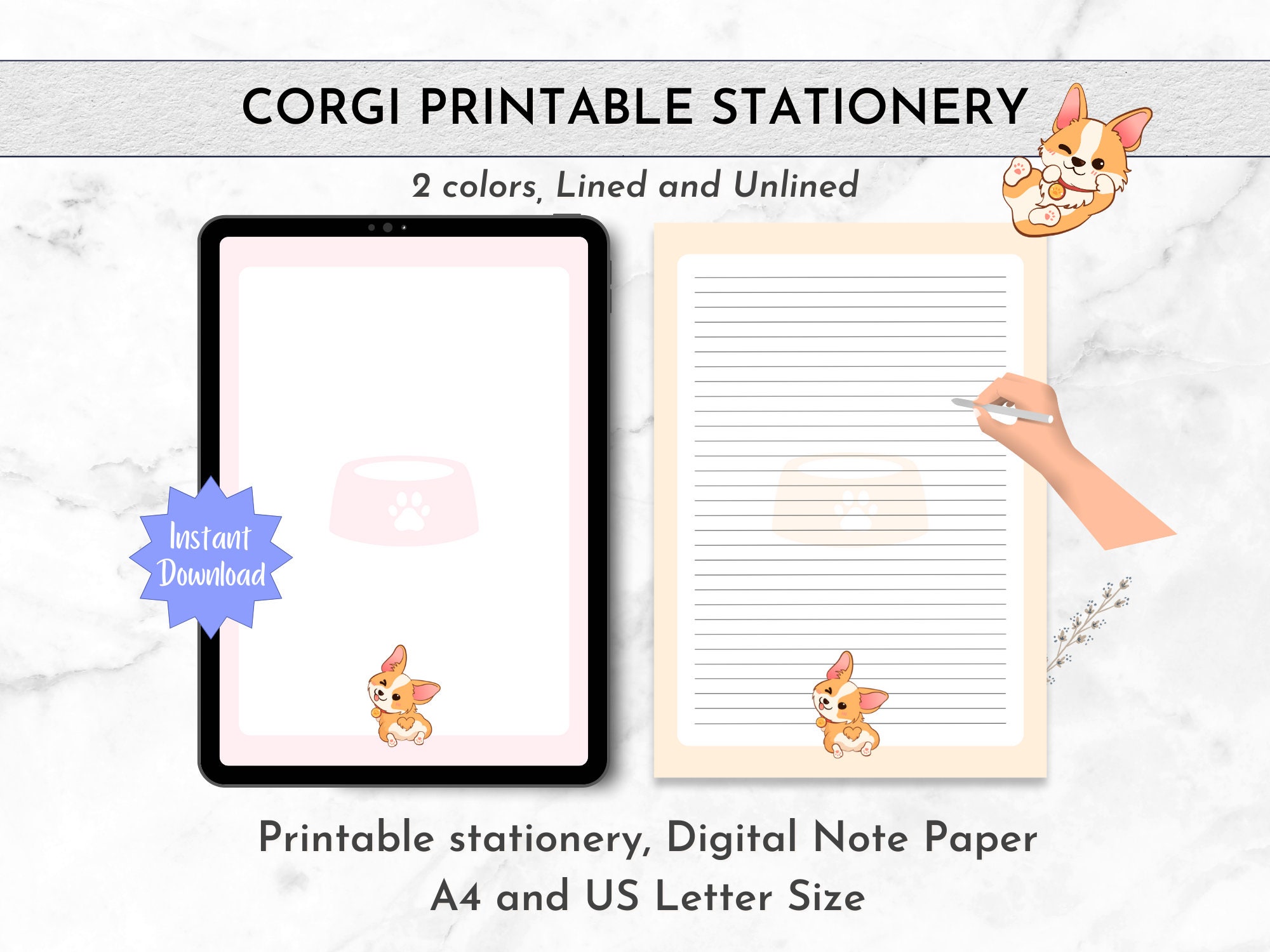 Editable Corgi Notes Corgi Dog Printable Stationery Digital Note Paper | A4 and US Letter ...