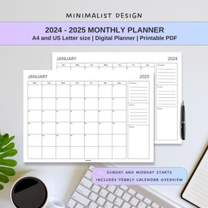 2024 2025 Minimalist Monthly Calendar Planner with Yearly Calendar | Printable Stationery Digital Planner | Sunday and Monday Starts